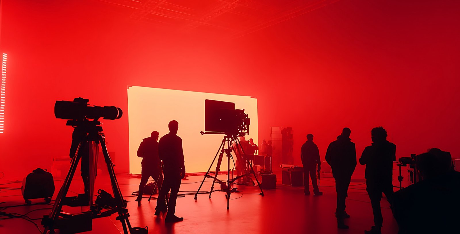 Siluetas de un equipo de rodaje trabajando en un plató iluminado en rojo